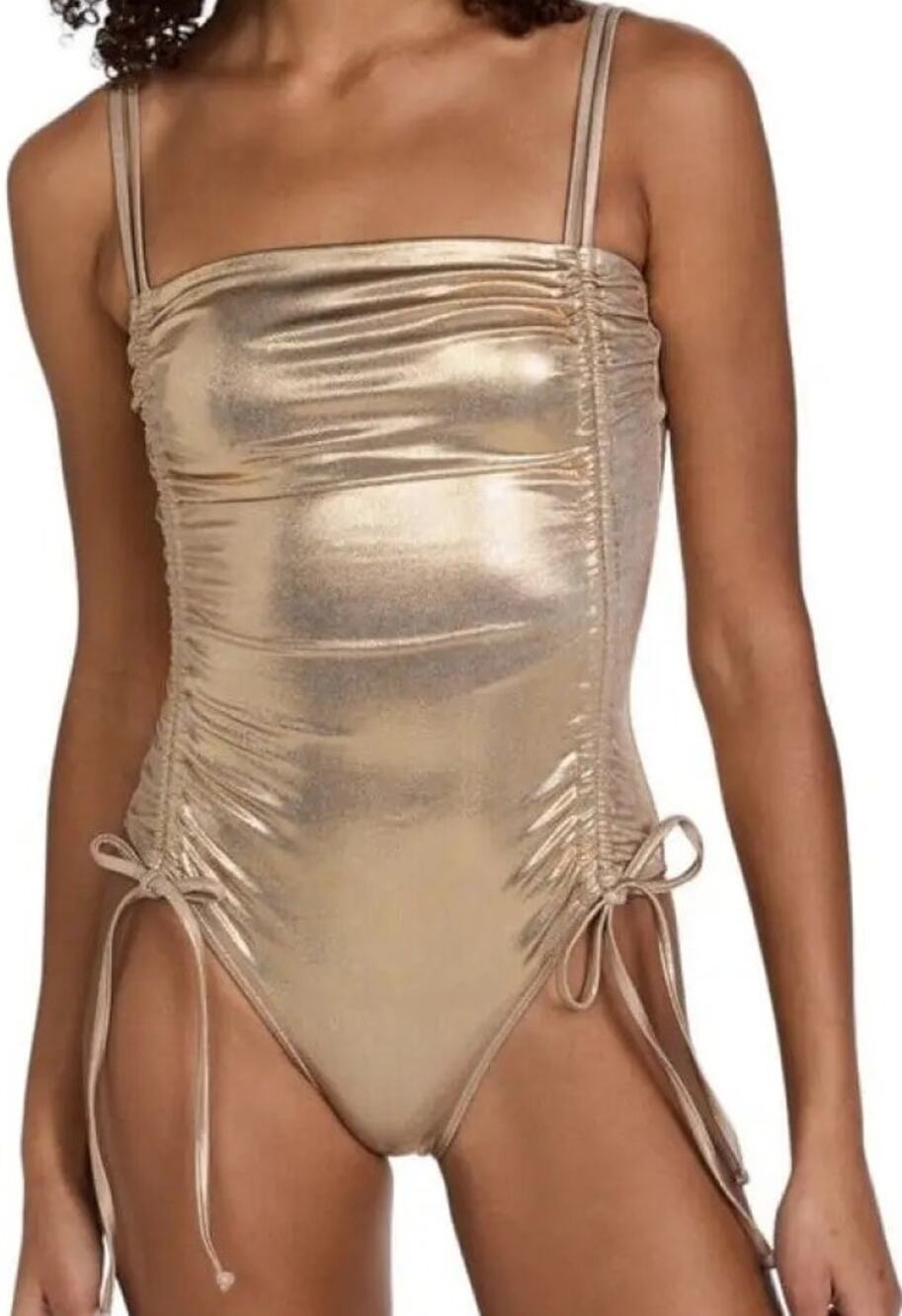 Anthro Good American Shine Ruched One Piece Swimsuit Square Gold Metallic 3 L